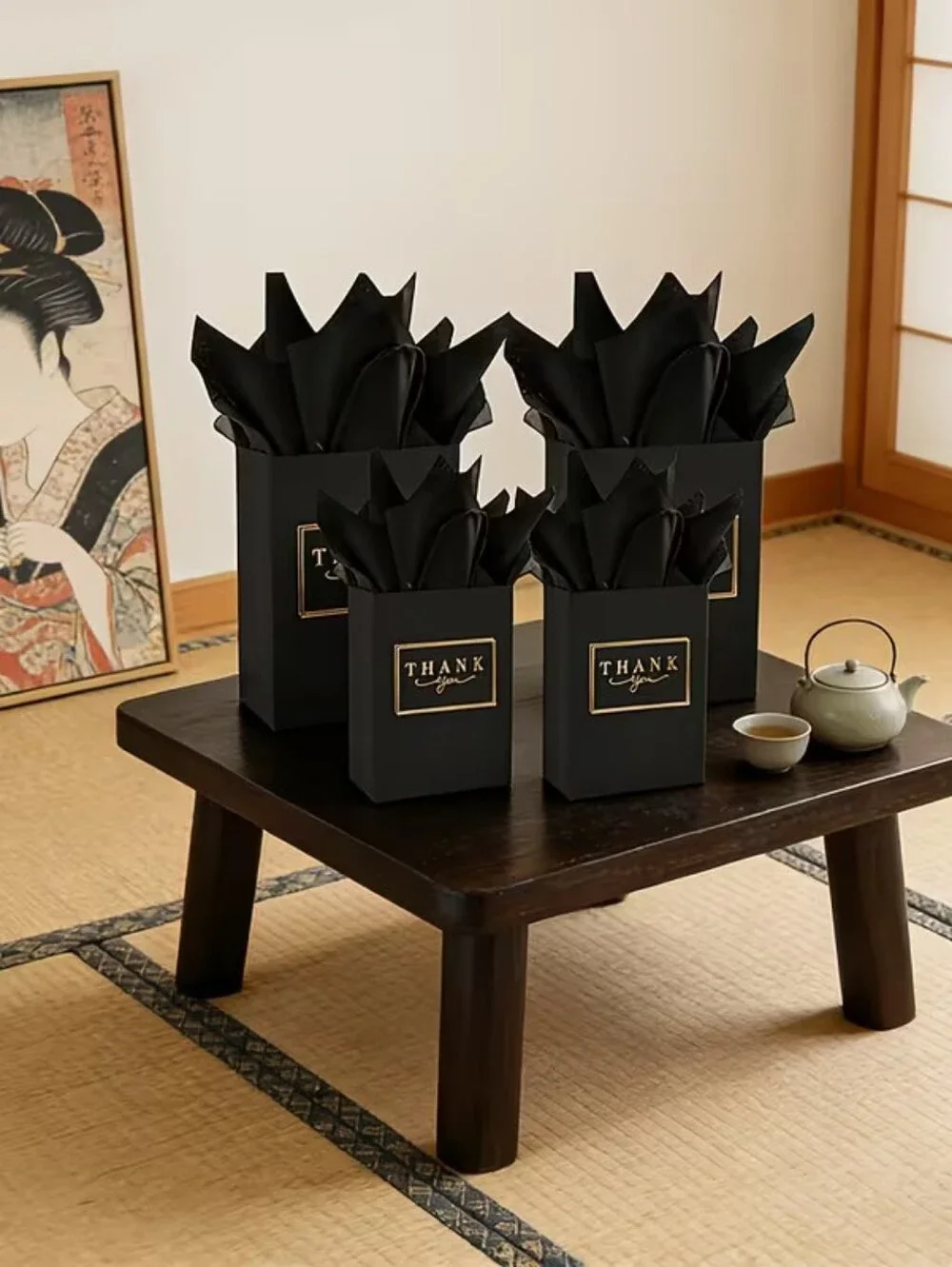 Set of Black And Gold Thank You Gift Bag Set With tissue Paper (50)